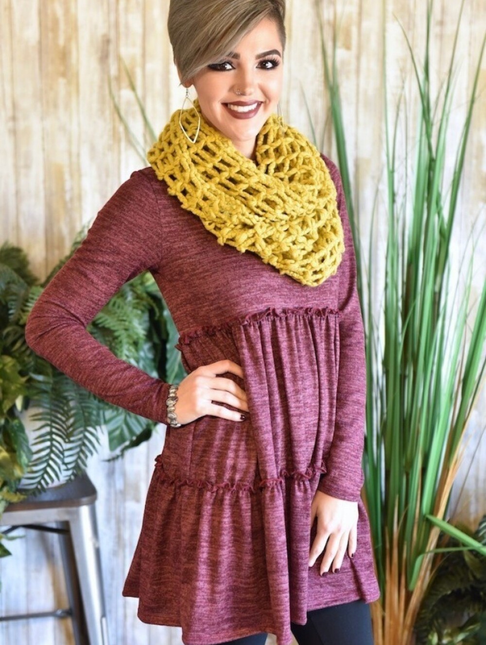 Two Chunky Knit Infinity Scarves - Olive Green & Mustard Yellow
